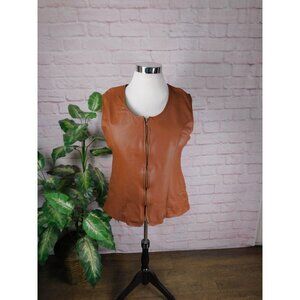 R Style Leather Vest Womens XL Brown Collarless Full Zip Lined Jacket Fitted